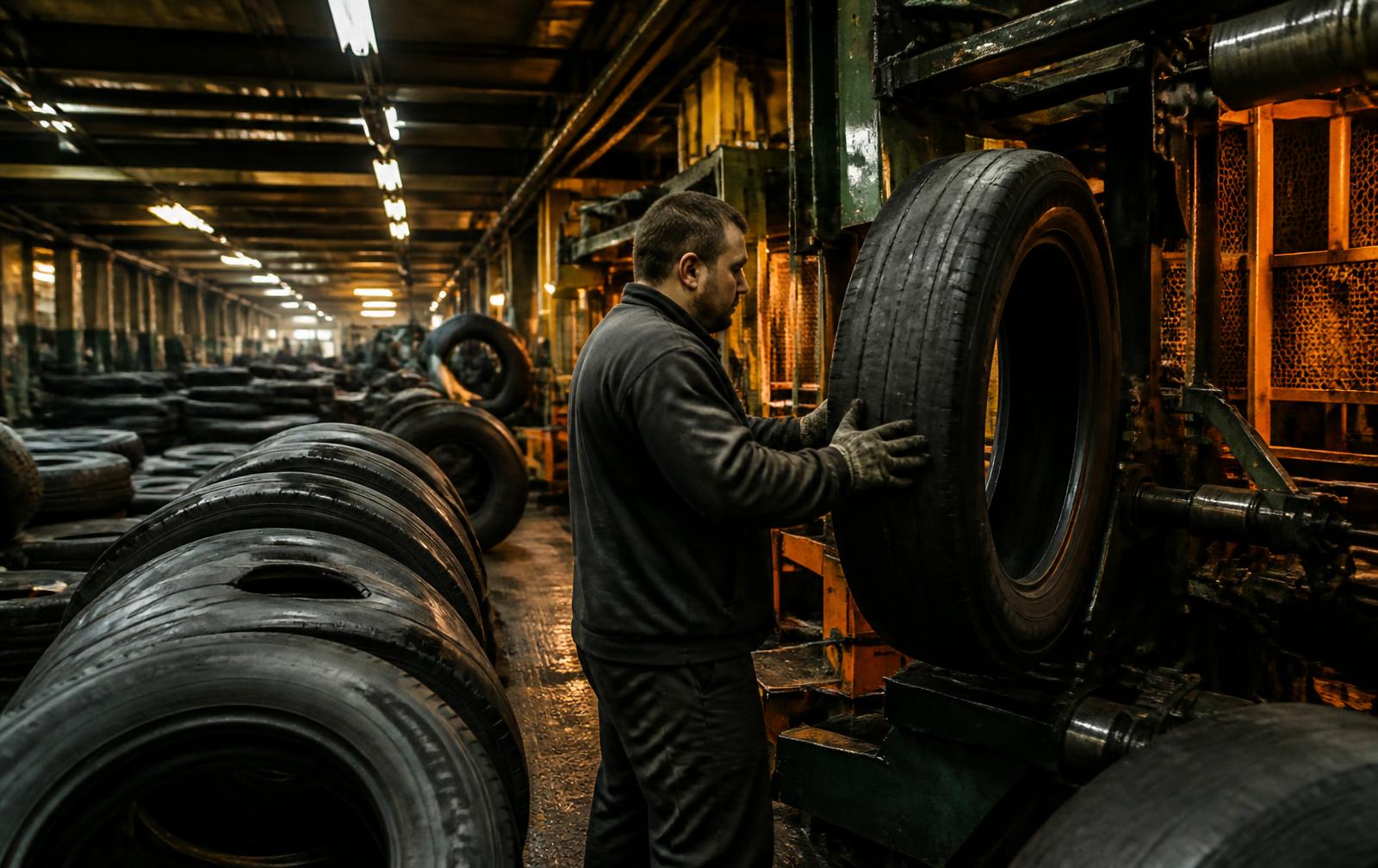 Interior da fábrica de pneus remoldados com carcaças e equipe em operação